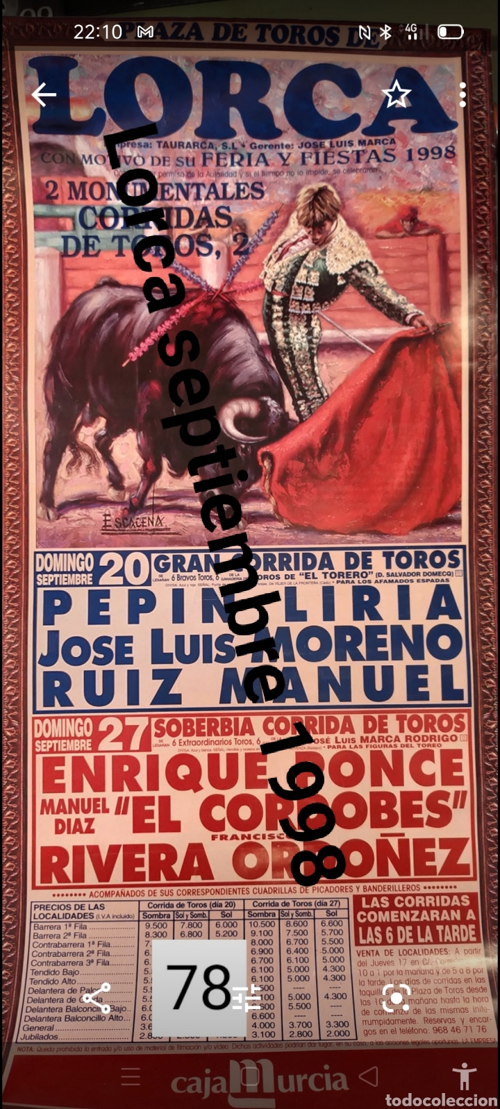 Carteles toros: Cartel de toros de Lorca 1998 - Foto 1