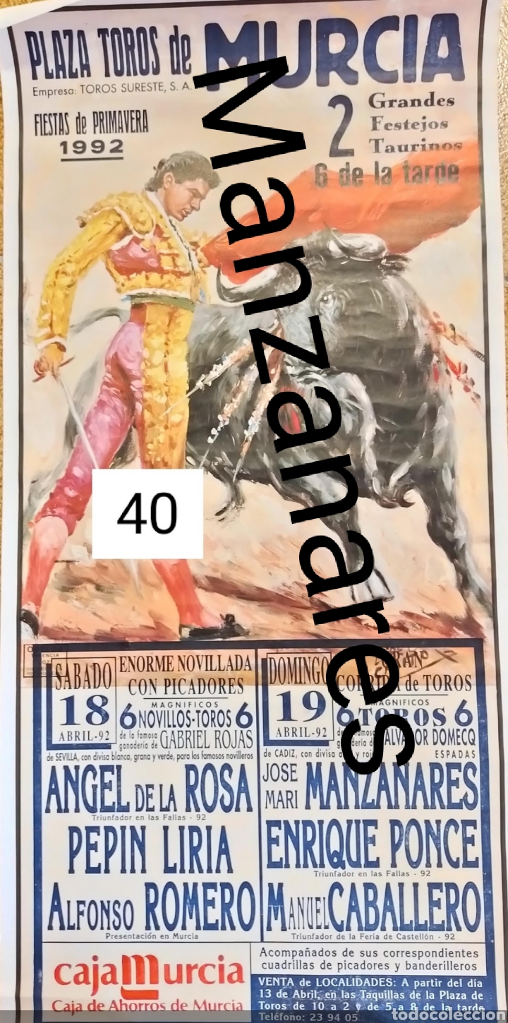 Carteles toros: 1992 cartel de toros de Murcia - Foto 1