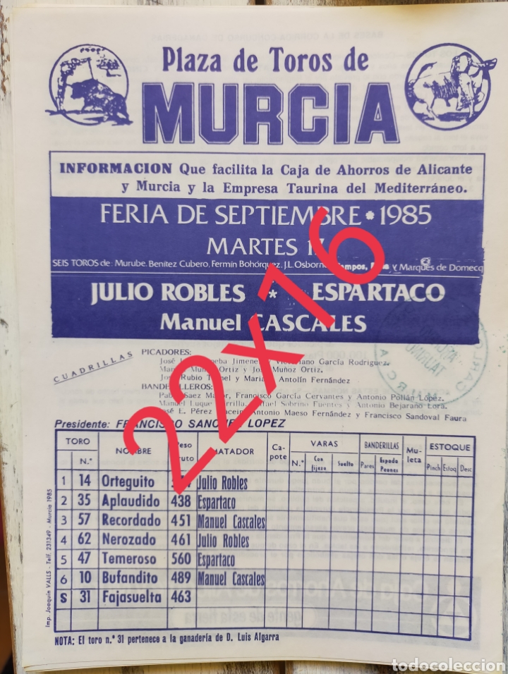 Carteles toros: Cartel de toros Murcia 1985 - Foto 1
