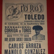 Carteles Toros: PLAZA DE TOROS DE TOLEDO 15 DE SEPTIEMBRE DE 1951. Lote 302320778