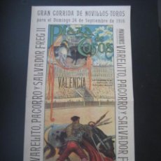 Carteles Toros: CARTEL TOROS PLAZA VALENCIA 1916. VARELITO, PACORRO, SALVADOR FREG II. GANADERIA PEREZ DE LA CONCHA. Lote 305037543