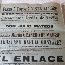 Carteles Toros: CARTEL TOROS 17 DE MAYO DE 1931. NICOLÁS MARTÍN GRANERO DE MADRID, MAGDALENO GARCÍA GONZÁLEZ.. Lote 312349038