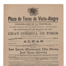 Carteles Toros: CARTEL PLAZA DE TOROS DE VISTA ALEGRE. 1921. ALCAREÑO, FELIX MERINO, CORCITO.. Lote 313825148