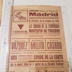 Carteles Toros: CARTEL TOROS MADRID 19 OCTUBRE 1939. PEPE LUIS VÁZQUEZ, RAFAEL ORTEGA GALLITO, PAQUITO CASADO.