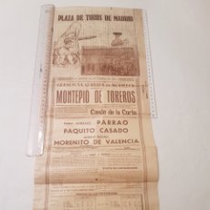 Carteles Toros: CARTEL TOROS MADRID 1939. PABLO GONZÁLEZ PARRAO, PAQUITO CASADO, AURELIO PUCHOL MORENITO DE VALENCIA. Lote 322668508