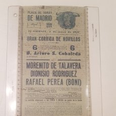 Carteles Toros: CARTEL TOROS MADRID 2 MAYO 1941. MORENITO DE TALAVERA, DIONISIO RODRÍGUEZ, RAFAEL PEREA BONI.