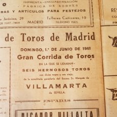 Carteles Toros: CARTEL TOROS MADRID 1 JUNIO 1941. NICANOR VILLALTA, JUAN BELMONTE, RAFAEL ORTEGA GALLITO. Lote 337767883