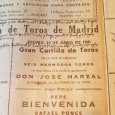 Carteles Toros: CARTEL TOROS MADRID 12 JUNIO 1941. PEPE BIENVENIDA, RAFAEL PONCE RAFAELILLO, JUAN BELMONTE. Lote 337777888