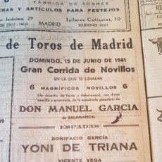 Carteles Toros: CARTEL TOROS MADRID 1941.BONIFACIO GARCÍA YONI DE TRIANA,VICENTE VEGA GITANILLO CHICO,SEGUNDO ARANA. Lote 337780713