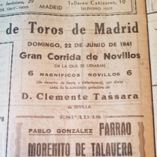 Carteles Toros: CARTEL TOROS MADRID 22 JUNIO 1941. PABLO GONZÁLEZ PARRAO, MORENITO DE TALAVERA, LUIS ORTEGA. Lote 337783138
