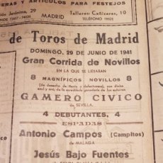 Carteles Toros: CARTEL TOROS MADRID 1941. ANTONIO CAMPOS CAMPITOS JESÚS BAJO FUENTES PAQUITO PERIS MANUEL RUIZ. Lote 337793988