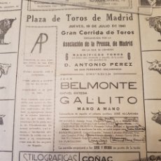 Carteles Toros: CARTEL TOROS MADRID 10 JULIO 1941 JUAN BELMONTE RAFAEL ORTEGA GALLITO. Lote 339395003