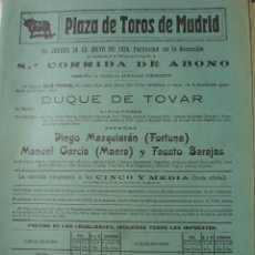 Carteles Toros: CARTEL PLAZA TOROS MADRID.8ª CORRIDA ABONO 1924.TOVAR.FORTUNA.MAERA.FAUSTO BARAJAS. Lote 341250483