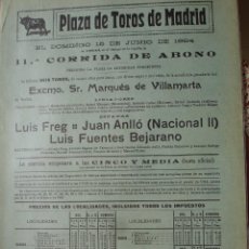 Carteles Toros: CARTEL PLAZA TOROS MADRID.11ª CORRIDA ABONO 1924.VILLAMARTA.FREG.NACIONAL II.BEJARANO. Lote 341252403
