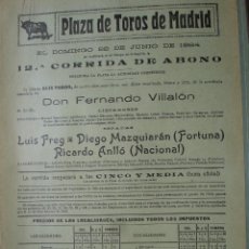 Carteles Toros: CARTEL PLAZA TOROS MADRID.12ª CORRIDA ABONO 1924.VILLALON.FREG.FORTUNA.NACIONAL. Lote 341252978