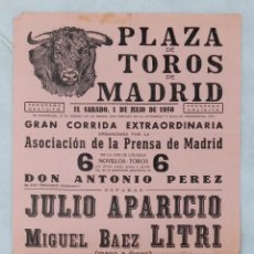 Carteles Toros: CARTEL TOROS. PLAZA TOROS MADRID. 1 JULIO 1950. JULIO APARICIO, MIGUEL BAEZ LITRI. Lote 342009213