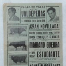 Carteles Toros: CARTEL TOROS. PLAZA TOROS VALDEPEÑAS 13 JUNIO 1948 MARIANO GUERRA, PEDRO MESAS ESTUDIANTE. Lote 342009948