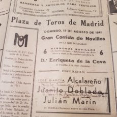 Carteles Toros: CARTEL TOROS MADRID 17 AGOSTO 1941. JOSÉ GARCÍA ALCALAREÑO, JUANITO DOBLADO, JULIÁN MARÍN. Lote 345925773