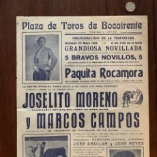 Carteles Toros: PAQUITA ROCAMORA, JOSELITO MORENO Y MARCOS CAMPOS EN BOCAIRENT, 20 MAYO 1956. CARTEL TOROS