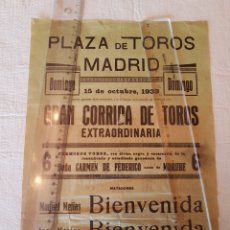 Carteles Toros: CARTEL TOROS MADRID 15 OCTUBRE DE 1933 MANUEL MEJÍAS BIENVENIDA JOSÉ MEJÍAS BIENVENIDA. Lote 360419340