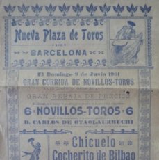Carteles Toros: TOROS.- BARCELONA. NUEVA PLAZA. GRAN CORRIDA DE NOVILLOS-TOROS EL 9 DE JUNIO DE 1901.