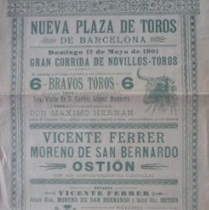 Carteles Toros: TOROS.- BARCELONA. NUEVA PLAZA. GRAN CORRIDA DE NOVILLOS-TOROS EL 12 DE MAYO DE 1901.