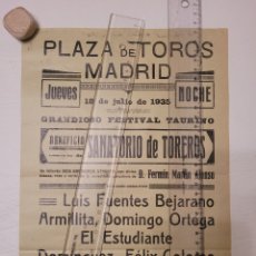 Carteles Toros: CARTEL TOROS MADRID 18 JULIO 1935 BENEFICIO S. T. BEJARANO PALMA ARMILLITA ORTEGA ESTUDIANTE COLOMO. Lote 380744444