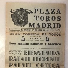 Carteles Toros: CARTEL PLAZA DE TOROS MADRID 1951. Lote 400075564