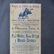 Carteles Toros: CARTEL TOROS - SEVILLA - 9 DE ABRIL DE 1950, ALTERNATIVA MANOLO CARMONA. Lote 401127354