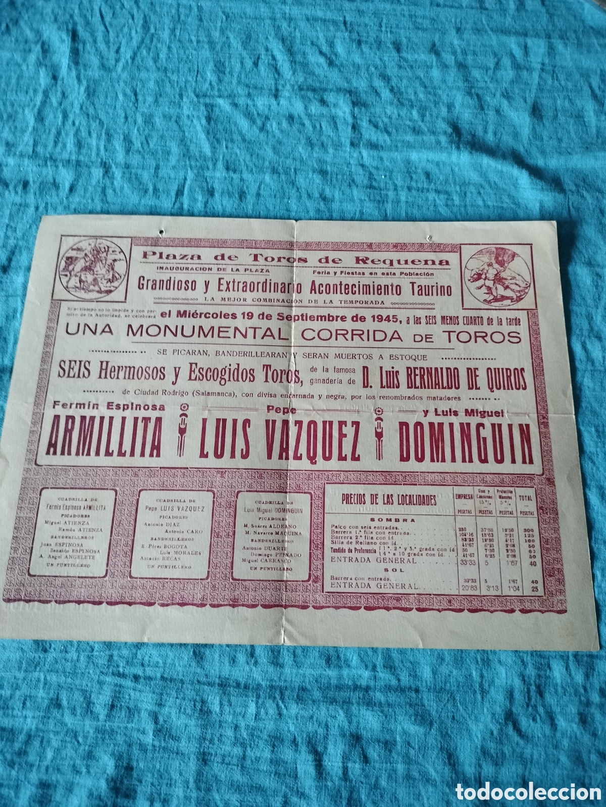 Carteles toros: PLAZA DE TOROS DE REQUENA 1945 - Foto 2