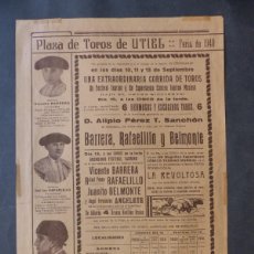 Carteles Toros: CARTEL TOROS UTIEL, VALENCIA - SEPTIEMBR DE 1940 - TOROS ALIPIO PEREZ, BARRERA, RAFAELILLO, BELMONTE