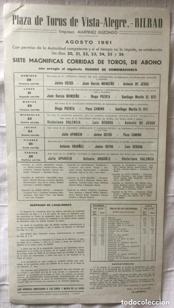 Carteles toros: CARTEL DE TOROS BILBAO 1961 - Foto 2