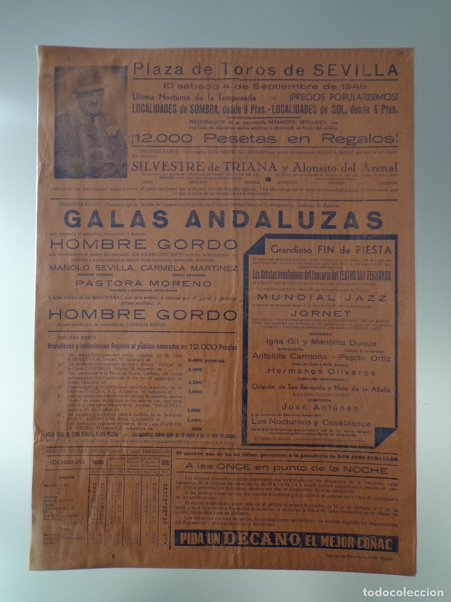 Plakate Stiere: CARTEL DE TOROS PLAZA DE TOROS DE SEVILLA 4 SEPTIEMBRE 1948 SILVESTRE DE TRIANA/ ALONSITO DEL ARENAL