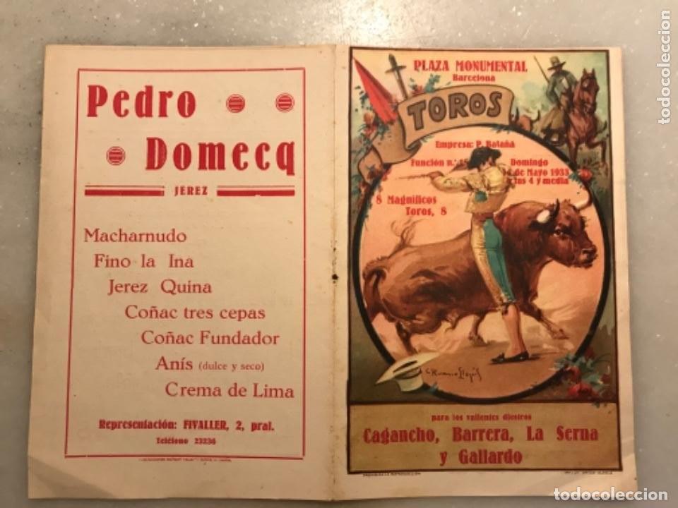 Carteles toros: Programa diptico toros Monumental de Barcelona. 1933. Lit Llopis - Foto 1