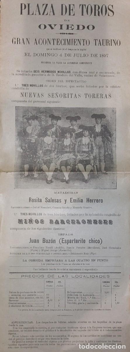 Carteles toros: PROGRAMA PLAZA DE TOROS DE OVIEDO. 4 DE JULIO DE 1897 - Foto 1