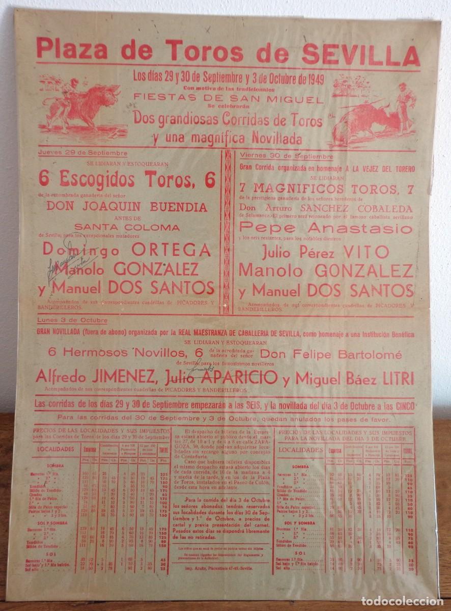 Plakate Stiere: CARTEL DE TOROS PLAZA DE SEVILLA 29-30 DE SEPTIEMBRE Y 3 DE OCTUBRE DE 1949. LITRI, APARICIO, ORTEGA