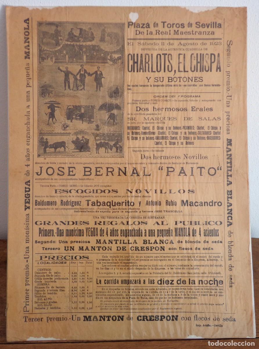 Plakate Stiere: CARTEL DE TOROS PLAZA DE SEVILLA 11 DE AGOSTO DE 1923. CHARLOTS, EL CHISPA Y SU BOTONES.TABAQUERITO