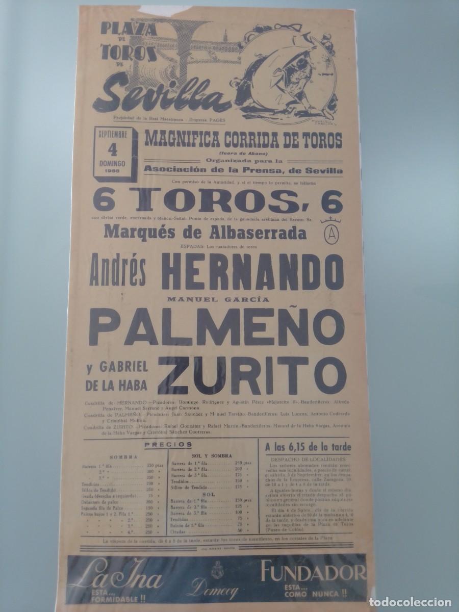 Plakate Stiere: CARTEL DE TOROS PLAZA DE SEVILLA 4 DE SEPTIEMBRE 1966. ZURITO, PALME&Ntilde;O Y HERNANDO.