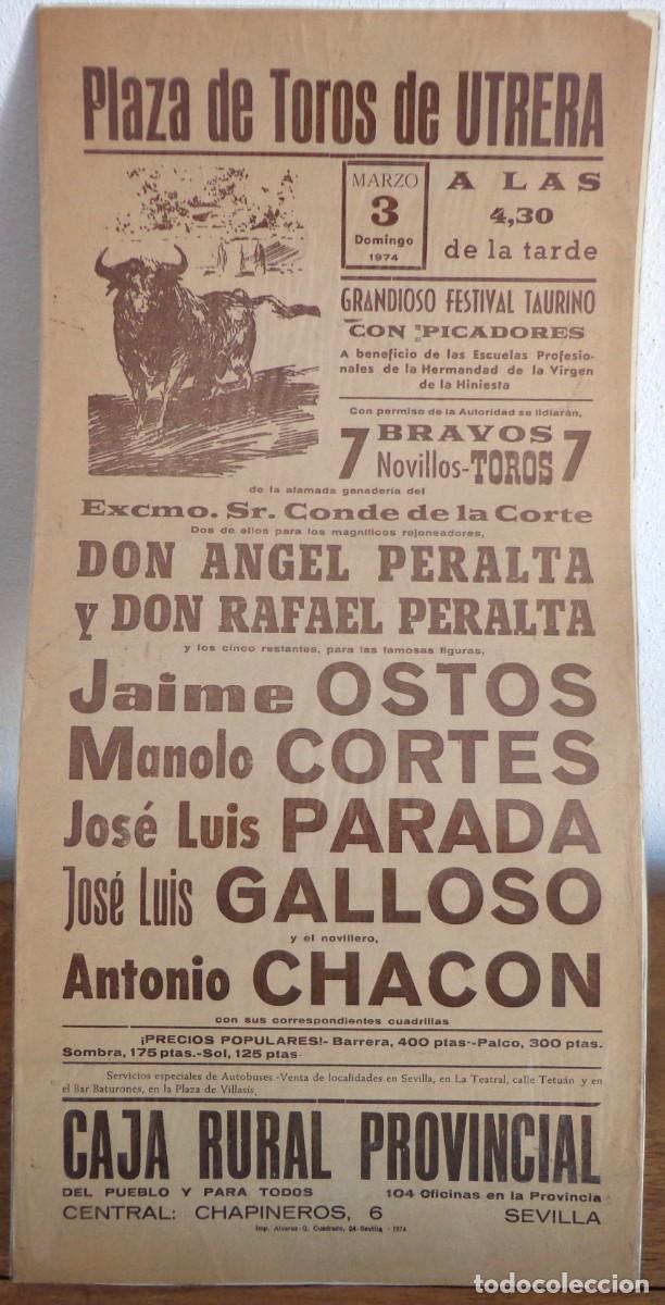 Plakate Stiere: CARTEL DE TOROS PLAZA DE UTRERA 3 DE MARZO 1974. HNOS PERALTA, OSTOS, CORTES, PARADA, GALLOSO.