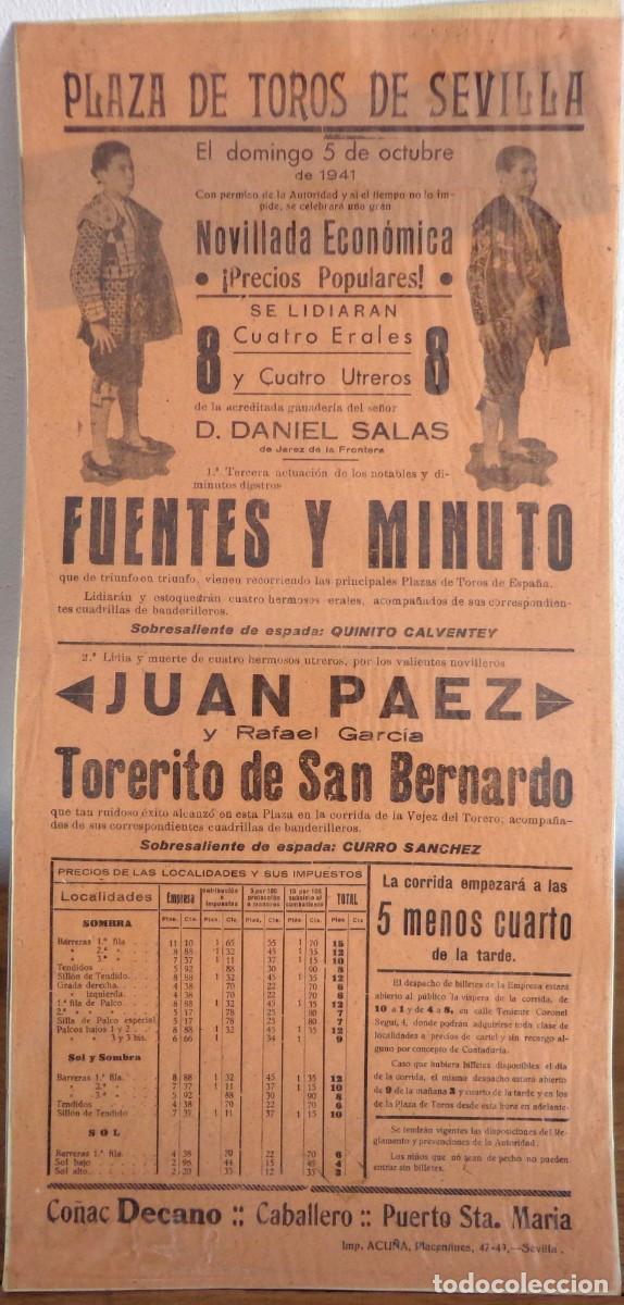 Plakate Stiere: CARTEL DE TOROS PLAZA DE SEVILLA 5 OCTUBRE 1941. JUAN PAEZ, TORERITO DE SAN BERNARDO.