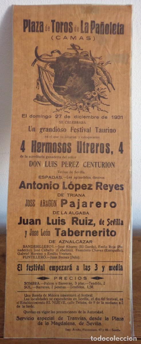 Plakate Stiere: CARTEL DE TOROS PLAZA DE LA PA&Ntilde;OLETA(CAMAS) 27 DICIEMBRE 1931. L&Oacute;PEZ REYES,PAJARERO,RUIZ,TABERNERITO