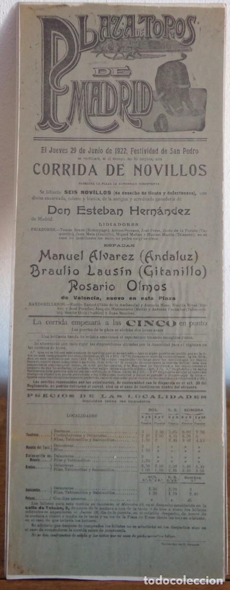 Plakate Stiere: CARTEL DE TOROS PLAZA DE MADRID 29 JUNIO 1922.