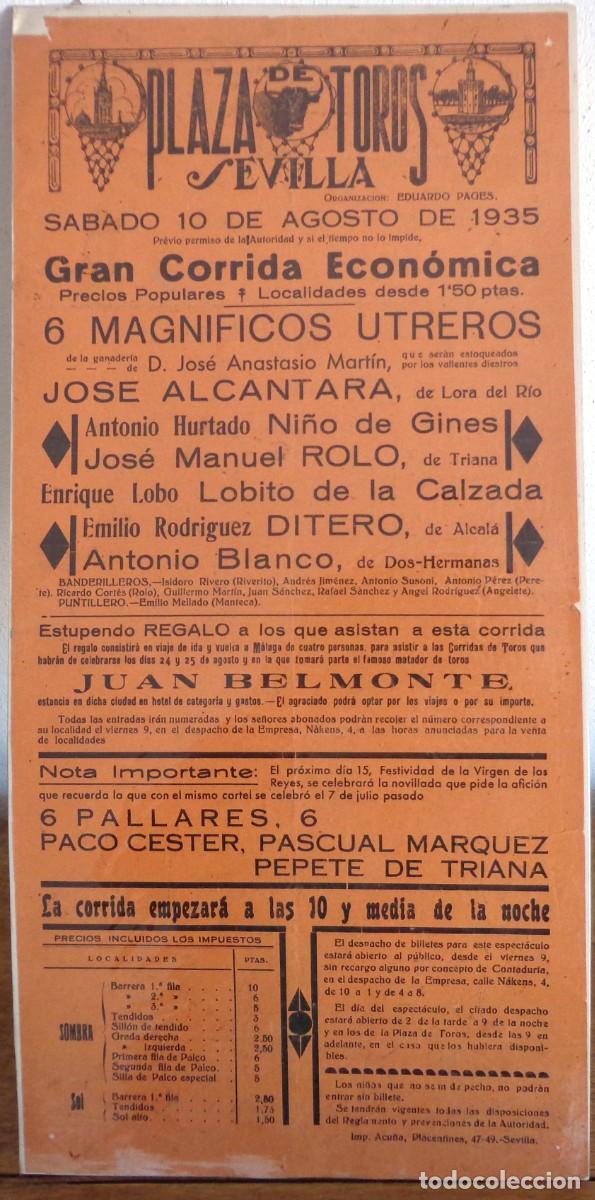 Plakate Stiere: CARTEL DE TOROS PLAZA DE SEVILLA 10 AGOSTO 1935. ALCANTARA, NI&Ntilde;O DE GINES, ROLO, LOBITO, DITERO...