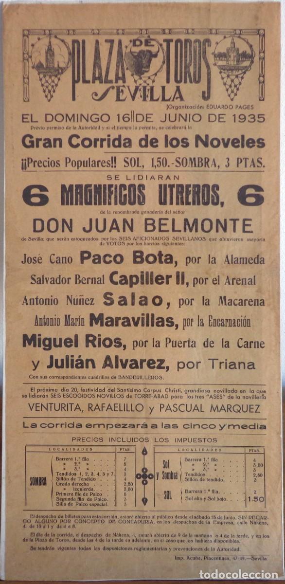 Plakate Stiere: CARTEL DE TOROS PLAZA DE SEVILLA 16 JUNIO 1935. PACO BOTA, CAPILLER II, SALAO, MARAVILLAS, RIOS..