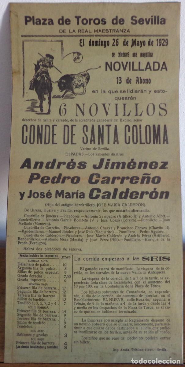 Plakate Stiere: CARTEL DE TOROS PLAZA DE SEVILLA 26 MAYO 1929. JIMENEZ, PEDRO CARRE&Ntilde;O, CALDERON.