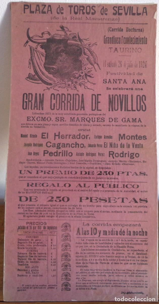 Plakate Stiere: CARTEL DE TOROS PLAZA DE SEVILLA 26 JULIO 1924. EL HERRADOR, MONTES,CAGANCHO,EL NI&Ntilde;O DE LA VENTA..