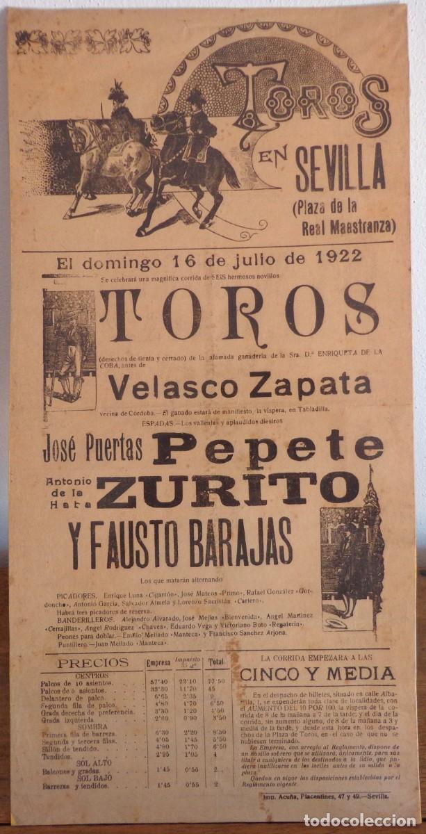 Plakate Stiere: CARTEL DE TOROS PLAZA DE SEVILLA 16 JULIO 1922. PEPETE, ZURITO Y FAUSTO BARAJAS.