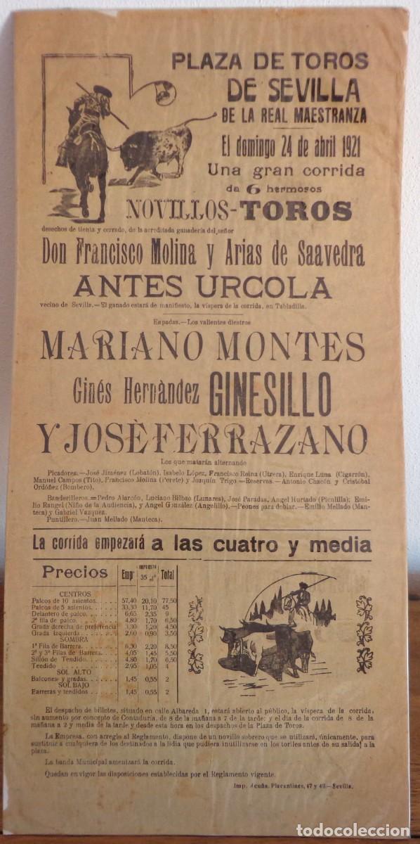 Affiches Tauromachie: CARTEL DE TOROS PLAZA DE SEVILLA 24 ABRIL 1921. MONTES, GINESILLO,JOSE FERRAZANO.
