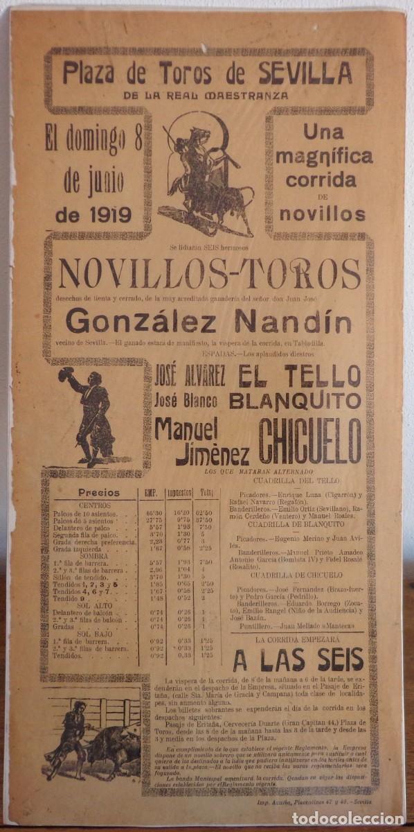Plakate Stiere: CARTEL DE TOROS PLAZA DE SEVILLA 8 JUNIO 1919. EL TELLO, BLANQUITO Y CHICUELO.