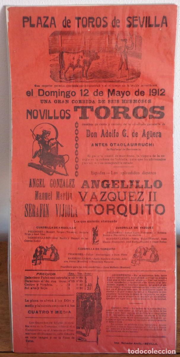 Plakate Stiere: CARTEL DE TOROS PLAZA DE SEVILLA 12 MAYO 1912. ANGELILLO, VAZQUEZ II, TORQUITO.